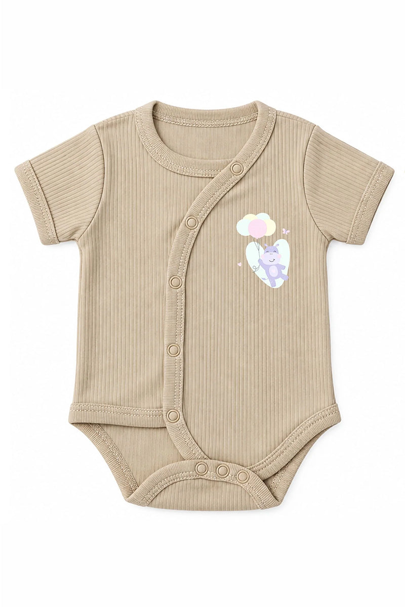 Wrap Short-Sleeve Bodysuit: Premium Cotton-Blend "Hippo Balloon" Beige Daily Casual Wear