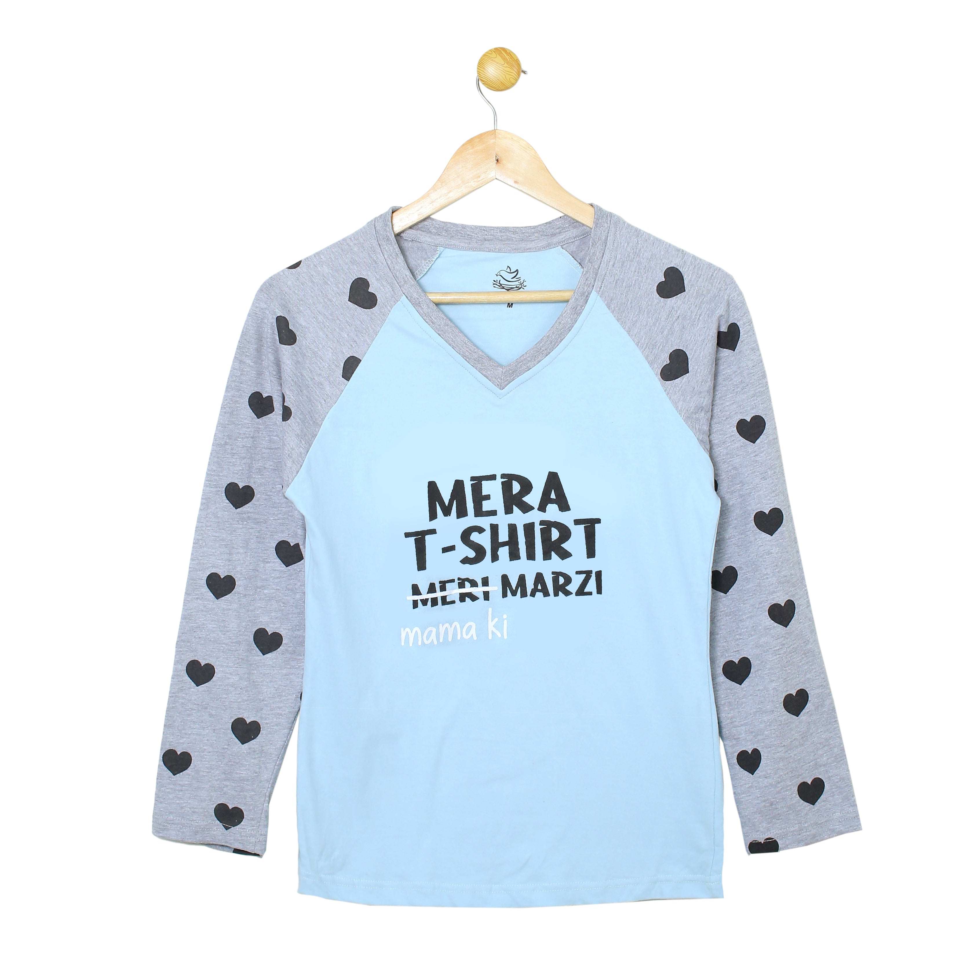 Girls' Mera T-Shirt Meri Marzi (Mama Ki) Light Blue and Grey Heart Print T-Shirt & Trouser Set