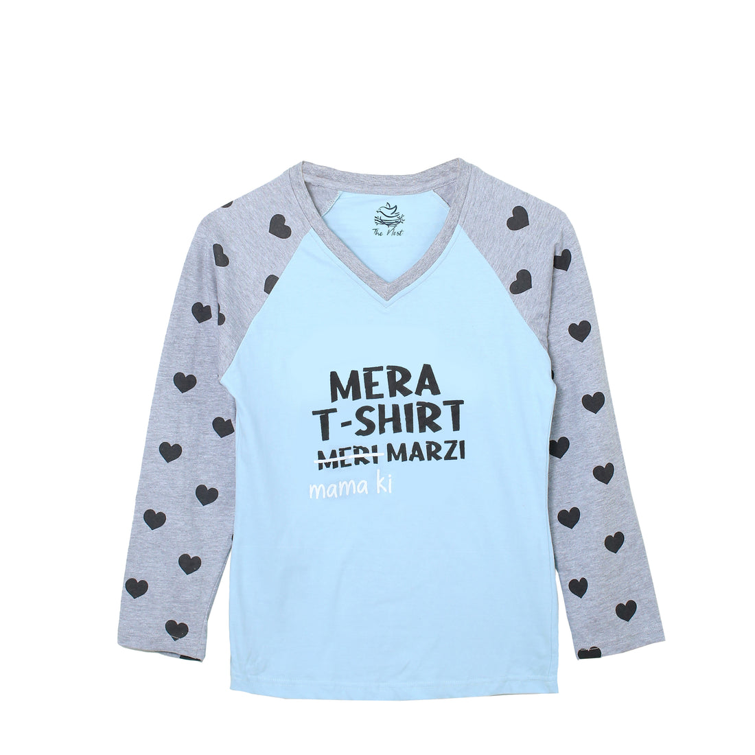 Girls' Mera T-Shirt Meri Marzi (Mama Ki) Light Blue and Grey Heart Print T-Shirt & Trouser Set