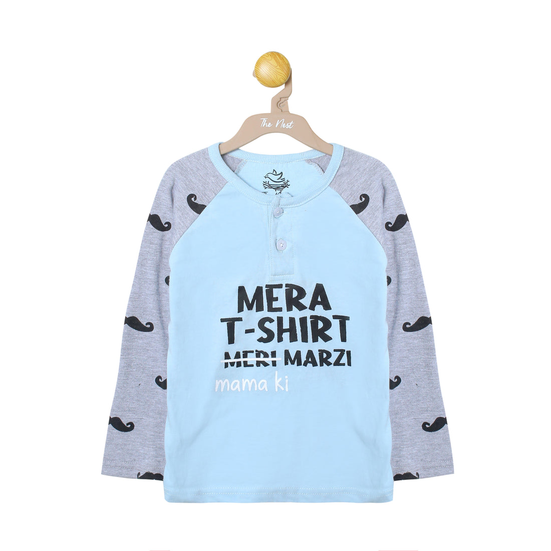 Boys' Mera T-Shirt Meri Marzi (Mama Ki) Light Blue and Grey Mustache Print T-Shirt & Trouser Set