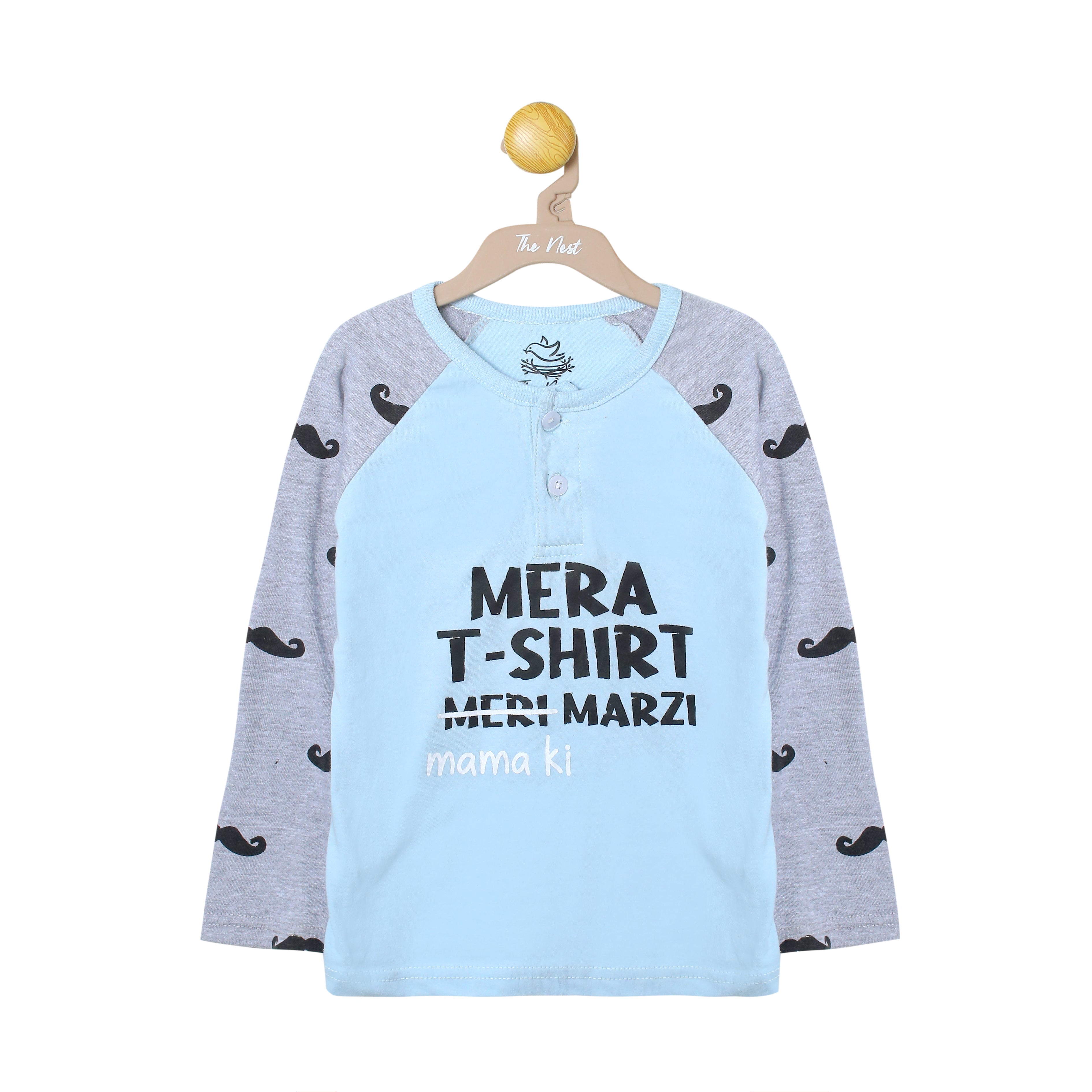 Boys' Mera T-Shirt Meri Marzi (Mama Ki) Light Blue and Grey Mustache Print T-Shirt & Trouser Set