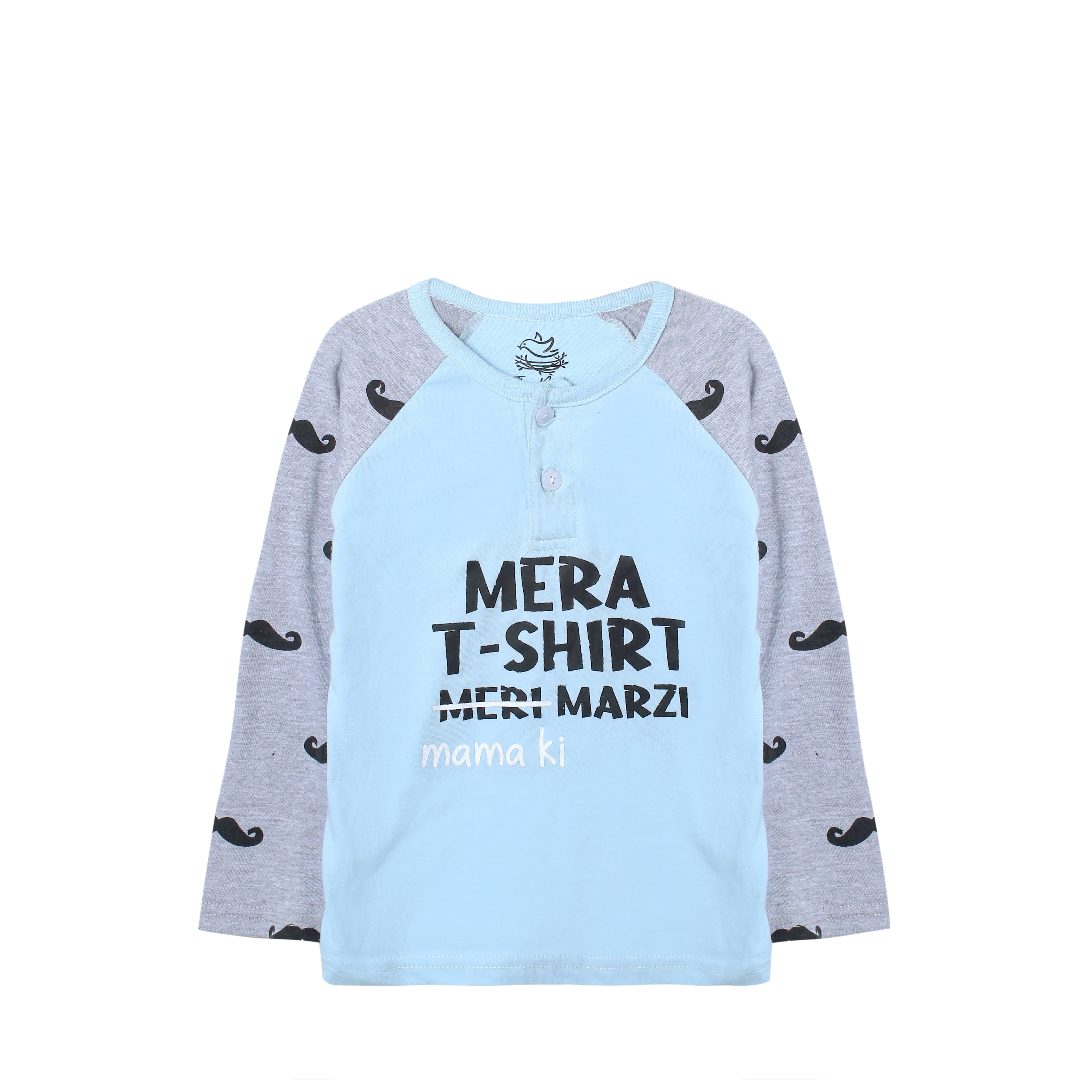 Boys' Mera T-Shirt Meri Marzi (Mama Ki) Light Blue and Grey Mustache Print T-Shirt & Trouser Set