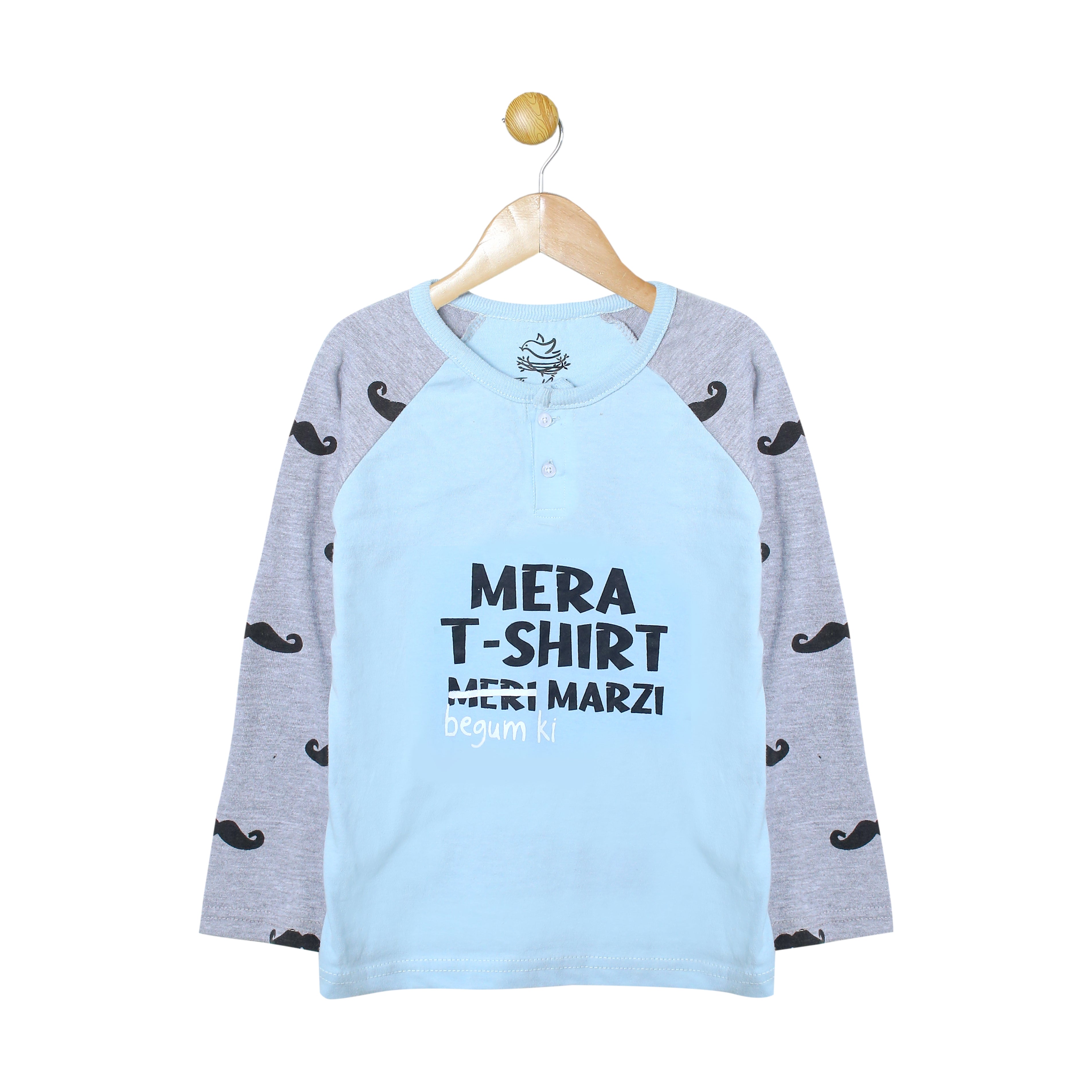 Men's Mera T-Shirt Meri Marzi (Begum Ki) Light Blue and Grey Mustache Print T-Shirt & Trouser Set