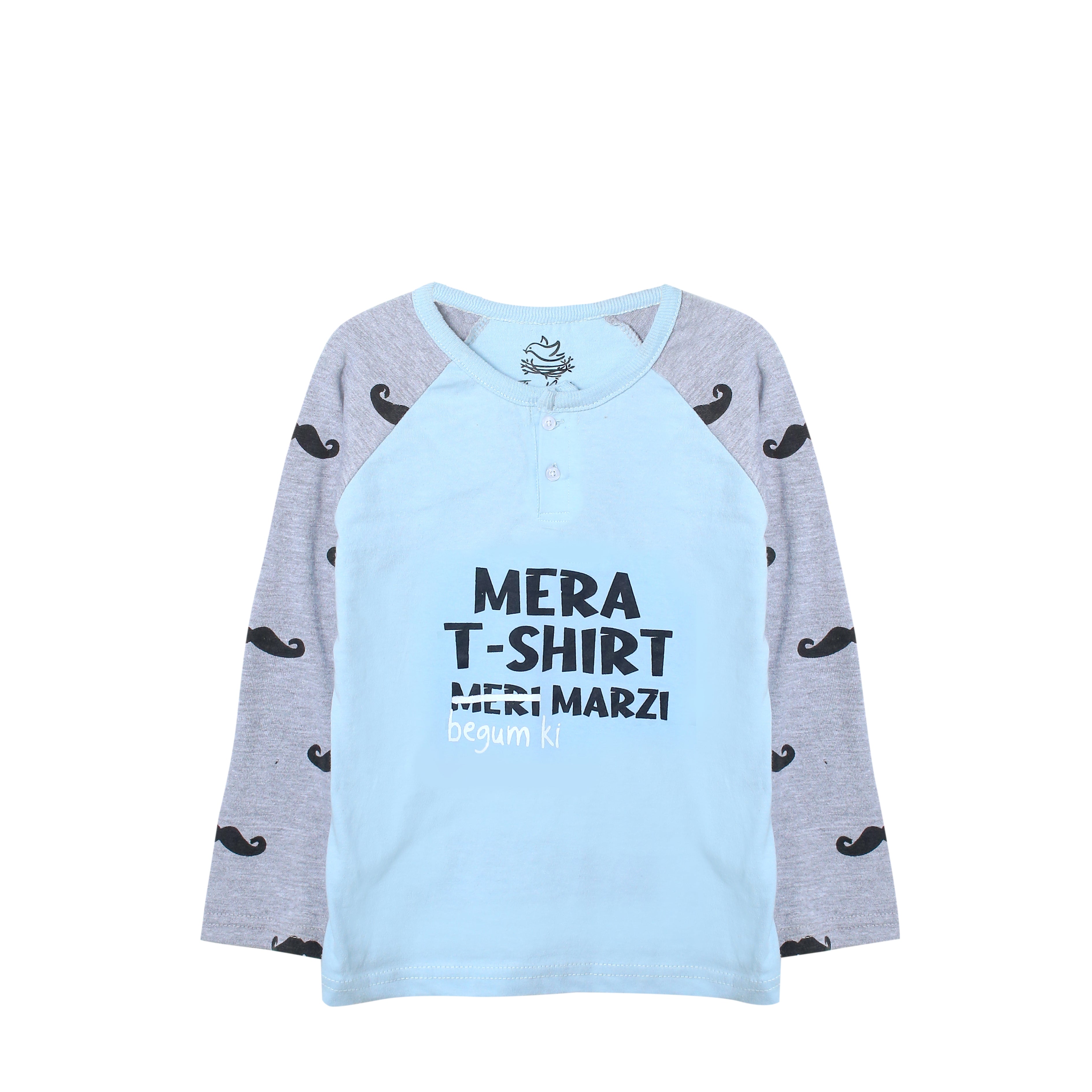 Men's Mera T-Shirt Meri Marzi (Begum Ki) Light Blue and Grey Mustache Print T-Shirt & Trouser Set