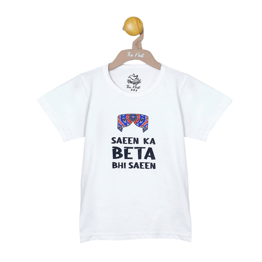 Boys' Saeen Ka Beta Bhi Saeen White and Navy Mustache Print T-Shirt & Trouser Set