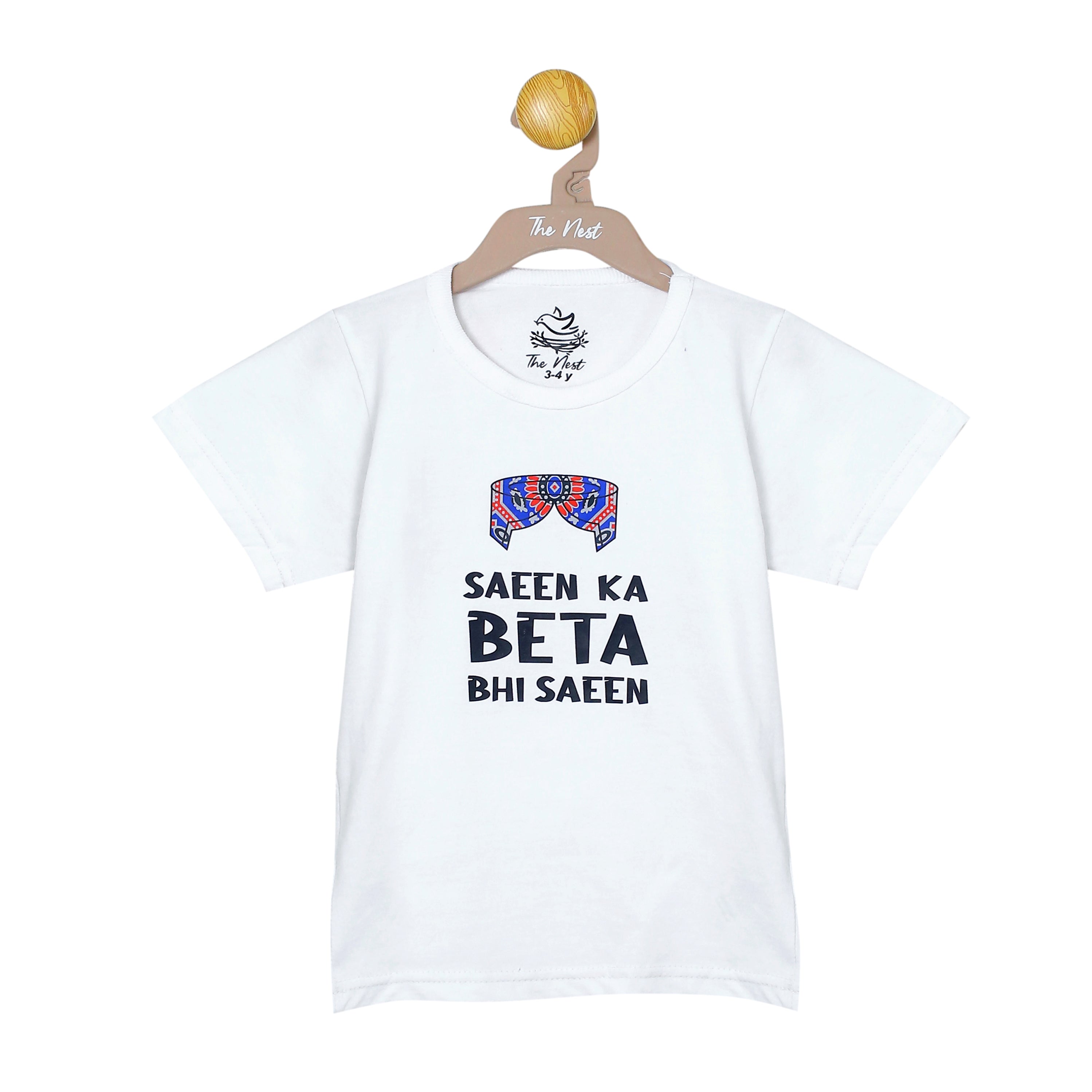 Boys' Saeen Ka Beta Bhi Saeen White and Navy Mustache Print T-Shirt & Trouser Set