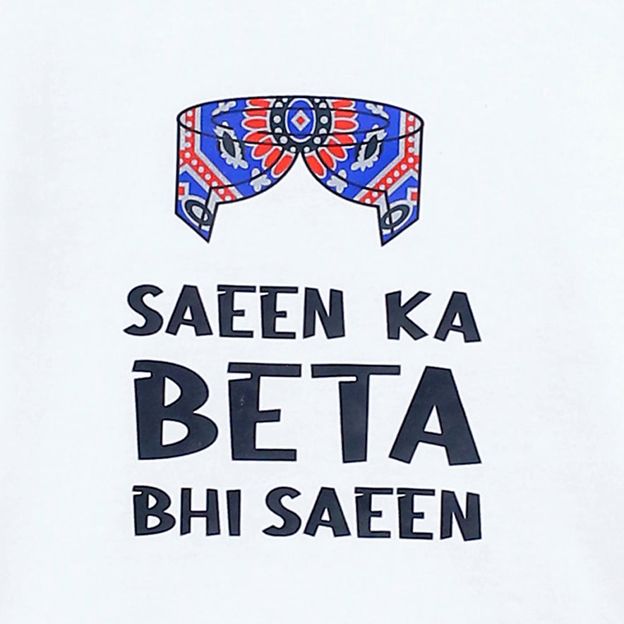 Boys' Saeen Ka Beta Bhi Saeen White and Navy Mustache Print T-Shirt & Trouser Set