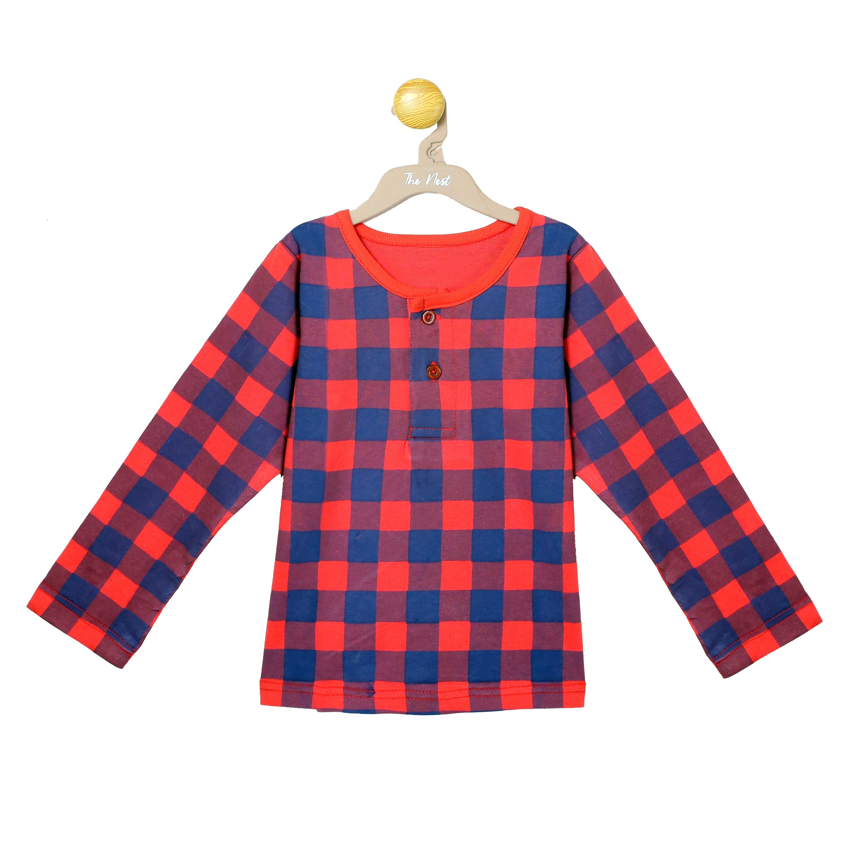 Girls Red and Navy Check Print Longsleeve & Trouser Set