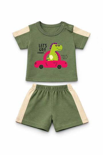 T-Shirt + Shorts Set: Premium Cotton-Blend "Lets Go" Green Daily Casual Wear