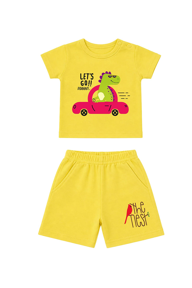 T-Shirt + Shorts Set: Premium Cotton-Blend "Lets Go & The Nest" Yellow Daily Casual Wear
