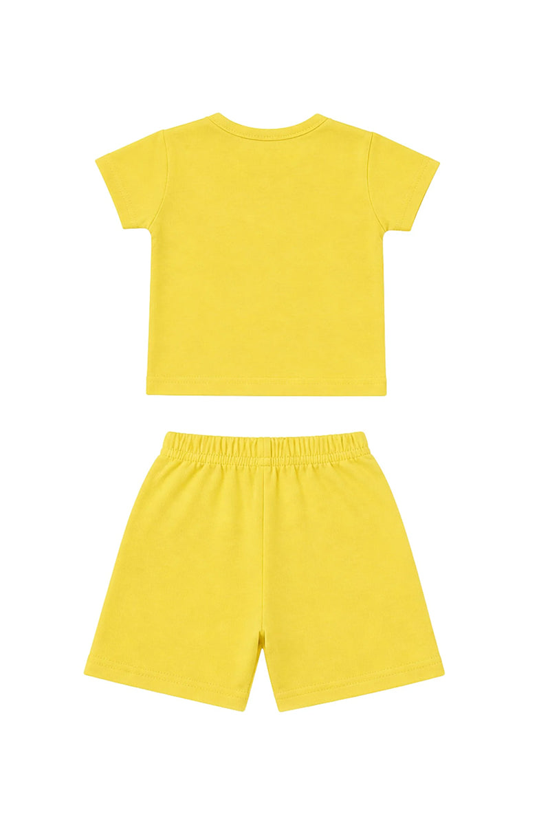 T-Shirt + Shorts Set: Premium Cotton-Blend "Lets Go & The Nest" Yellow Daily Casual Wear