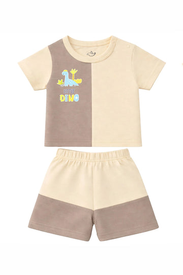 T-Shirt + Shorts Set: Premium Cotton-Blend "Little Dino" Beige Casual Essentials
