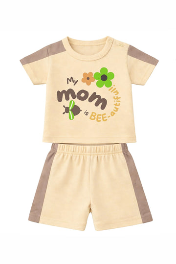 T-Shirt + Shorts Set: Premium Cotton-Blend "Mom" Beige Daily Casual Wear