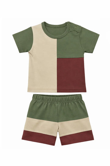T-Shirt Shorts Set Olive Beige Maroon Soft Color block