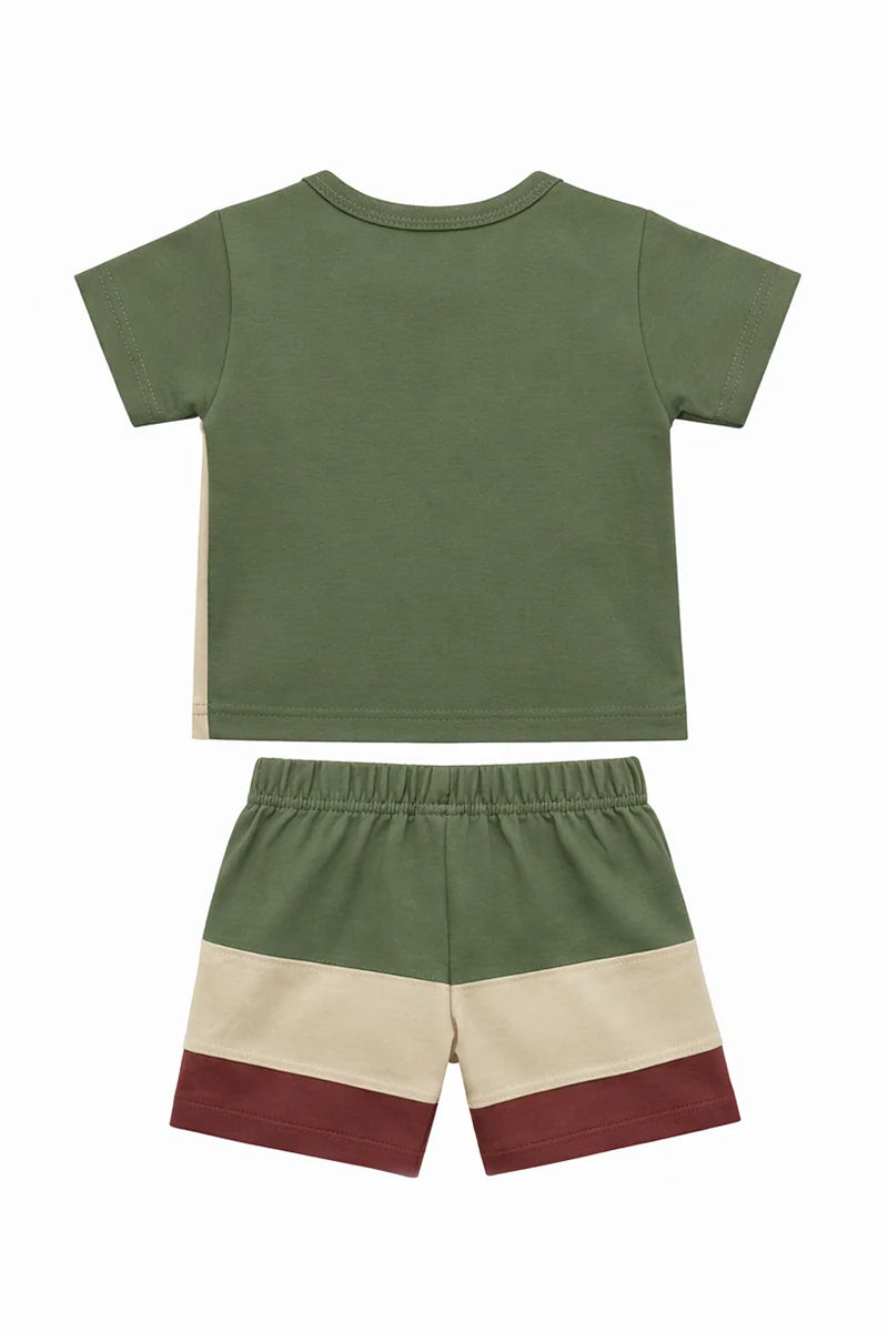 T-Shirt Shorts Set Olive Beige Maroon Soft Color block