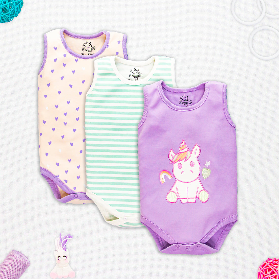 UNICORNS Sleeve Less Bodysuit (Pink Heart) Pack of 3