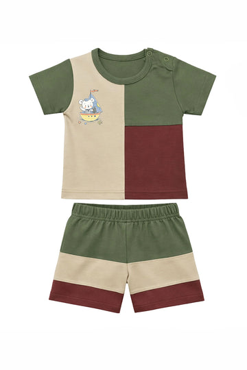 T-Shirt + Shorts Set: Premium Cotton-Blend "Panda Boat" Multi-Color Daily Casual Wear