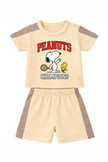 T-Shirt + Shorts Set: Premium Cotton-Blend "Peanuts" Beige Active Playwear
