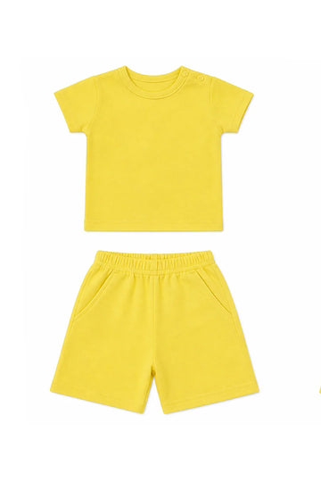 T-Shirt + Shorts Set: Premium Cotton-Blend "Solid" Yellow Casual Essentials