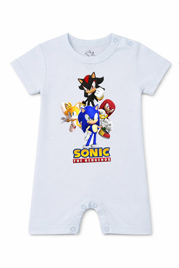 Short-Sleeve Full Length BodySuit (Romper): Premium Cotton Light Blue "Sonic Crew" Graphic Casual Essentials and Active Playwear