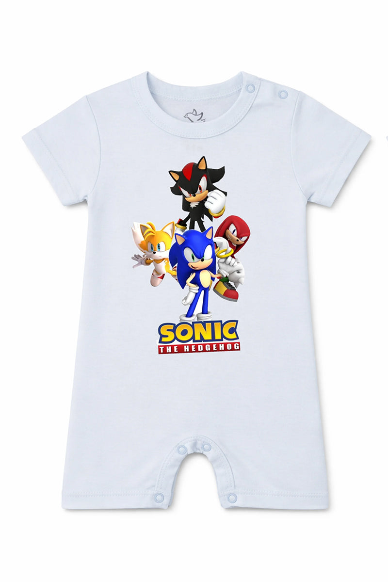Short-Sleeve Full Length BodySuit (Romper): Premium Cotton Light Blue "Sonic Crew" Graphic Casual Essentials and Active Playwear