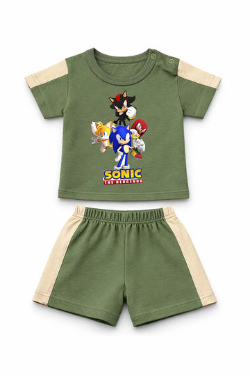 T-Shirt + Shorts Set: Premium Cotton-Blend "Sonic Crew" Green Daily Casual Wear