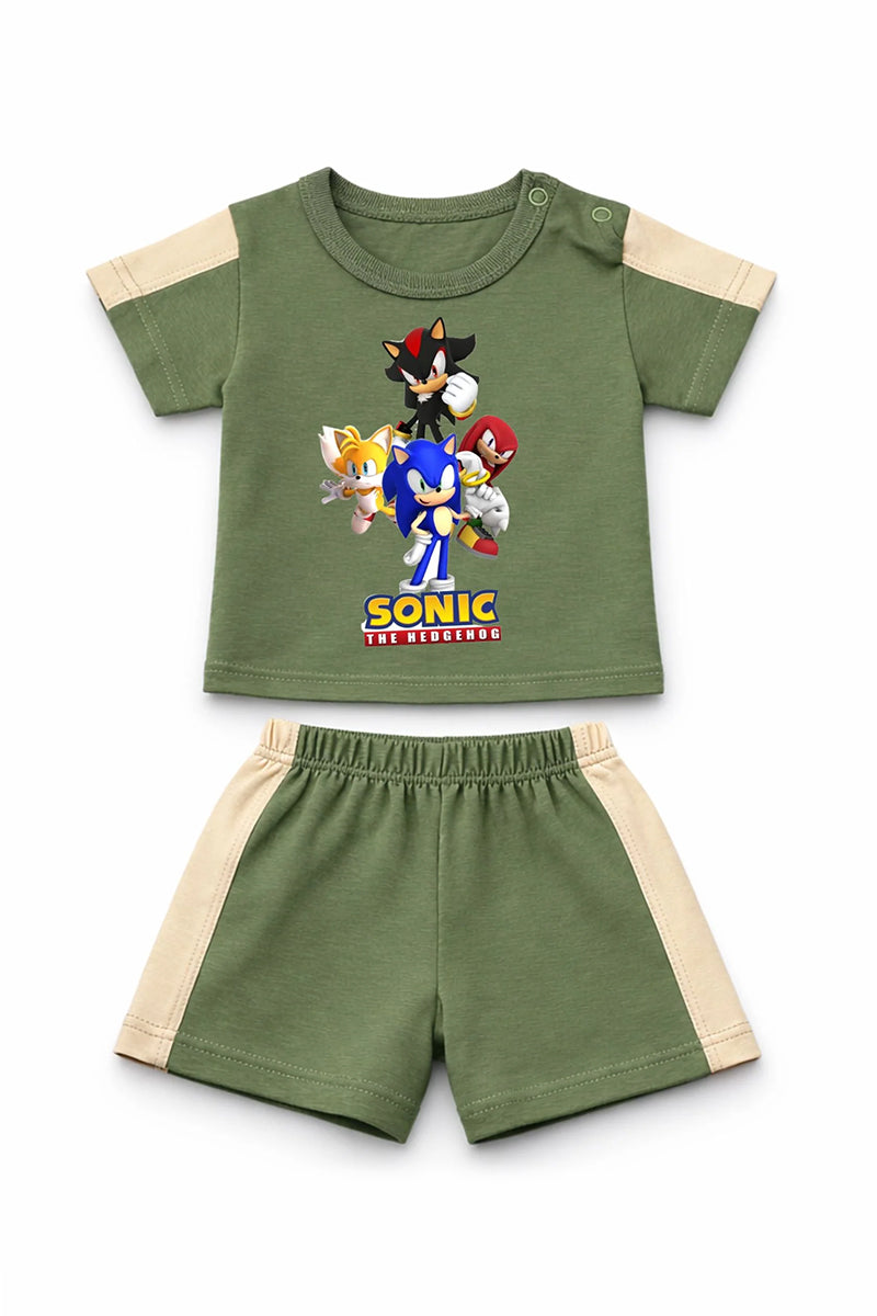 T-Shirt + Shorts Set: Premium Cotton-Blend "Sonic Crew" Green Daily Casual Wear