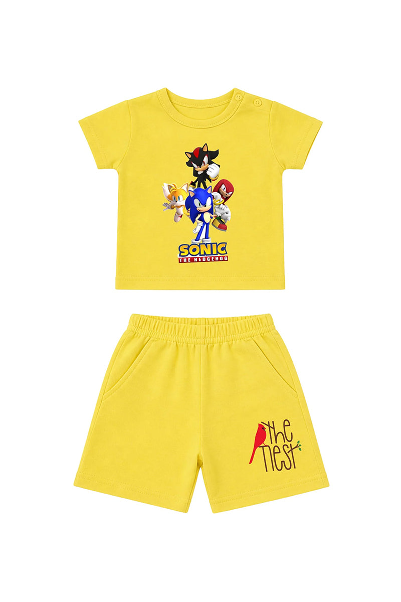 T-Shirt + Shorts Set: Premium Cotton-Blend "Sonic Crew & The Nest" Yellow Daily Casual Wear