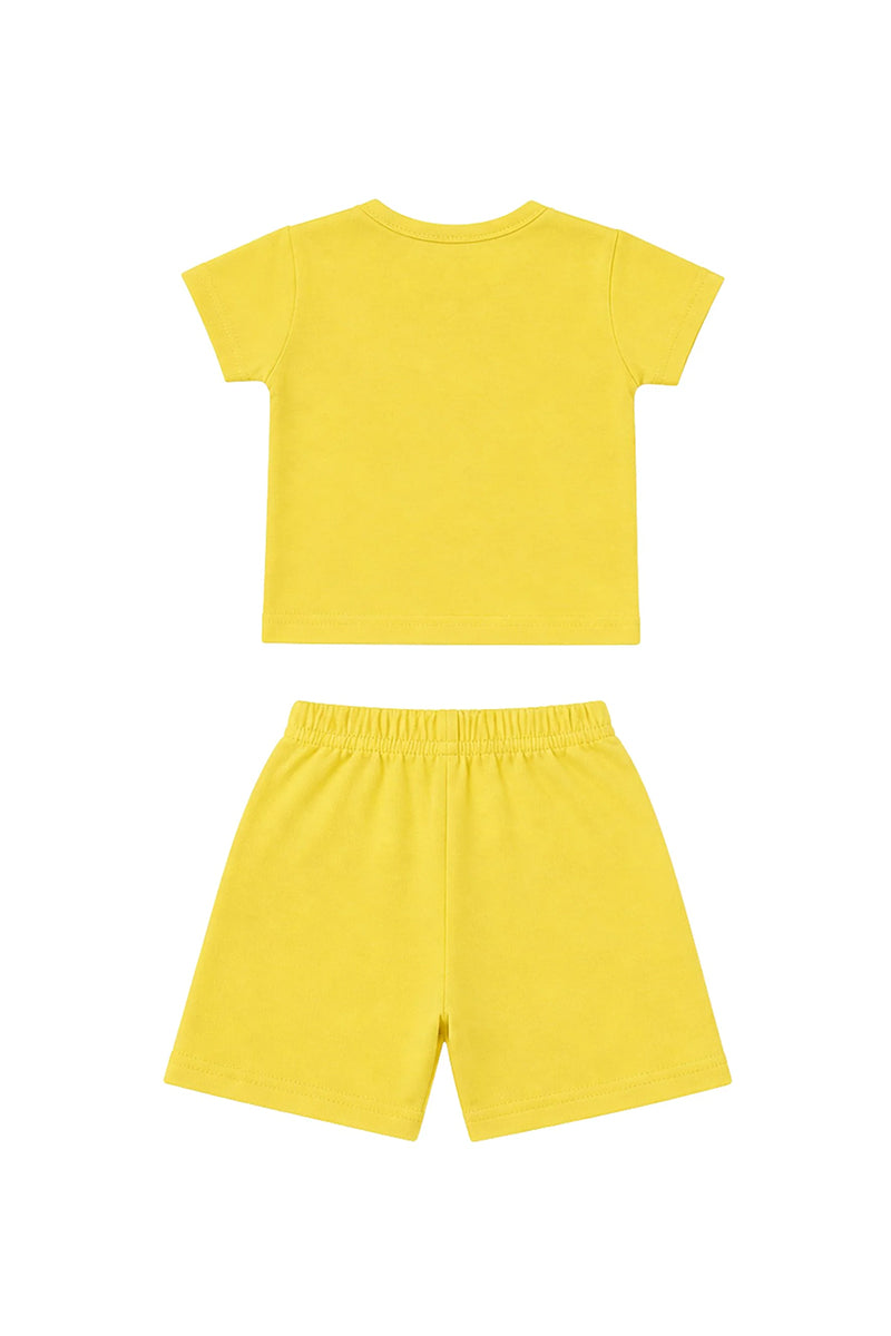 T-Shirt + Shorts Set: Premium Cotton-Blend "Sonic Crew & The Nest" Yellow Daily Casual Wear