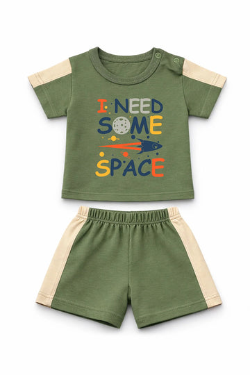 T-Shirt + Shorts Set: Premium Cotton-Blend "Space" Green Daily Casual Wear