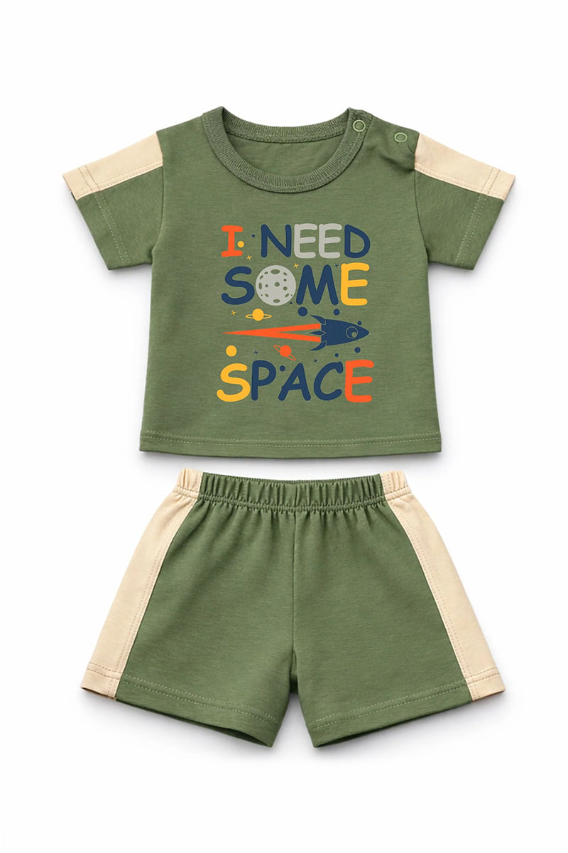T-Shirt + Shorts Set: Premium Cotton-Blend "Space" Green Daily Casual Wear