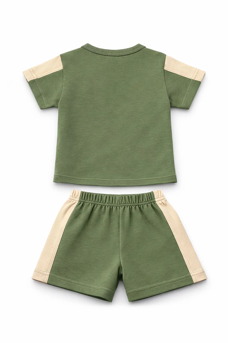 T-Shirt + Shorts Set: Premium Cotton-Blend "Space" Green Daily Casual Wear