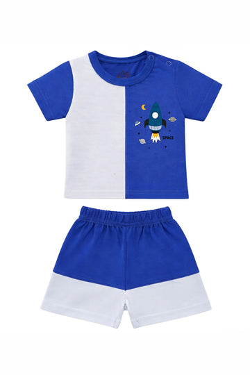 T-Shirt + Shorts Set: Premium Cotton-Blend "Space Plane" Blue Casual Essentials
