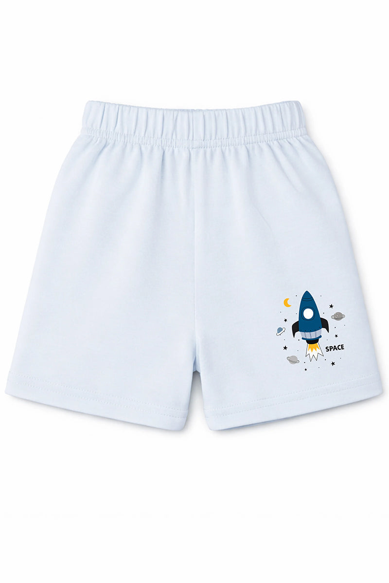 Shorts: Premium Cotton Light Blue "Space Plane" Graphic Casual Essentials and Active Playwear