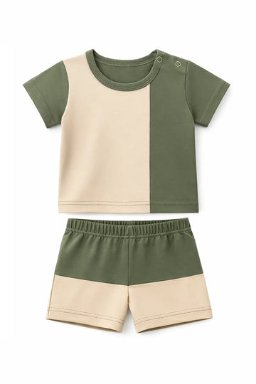 T-Shirt Shorts Set Olive Beige Soft Two Tone