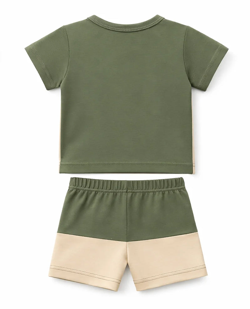 T-Shirt Shorts Set Olive Beige Soft Two Tone