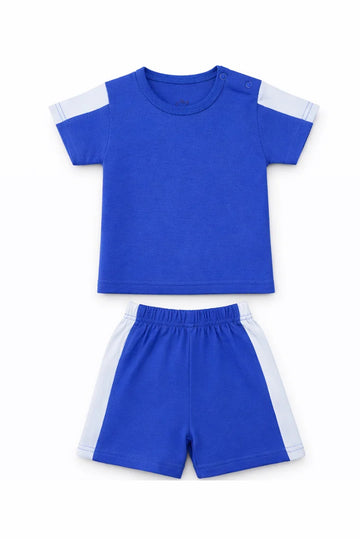 T-Shirt Shorts Set Blue White Soft Contrast Panel