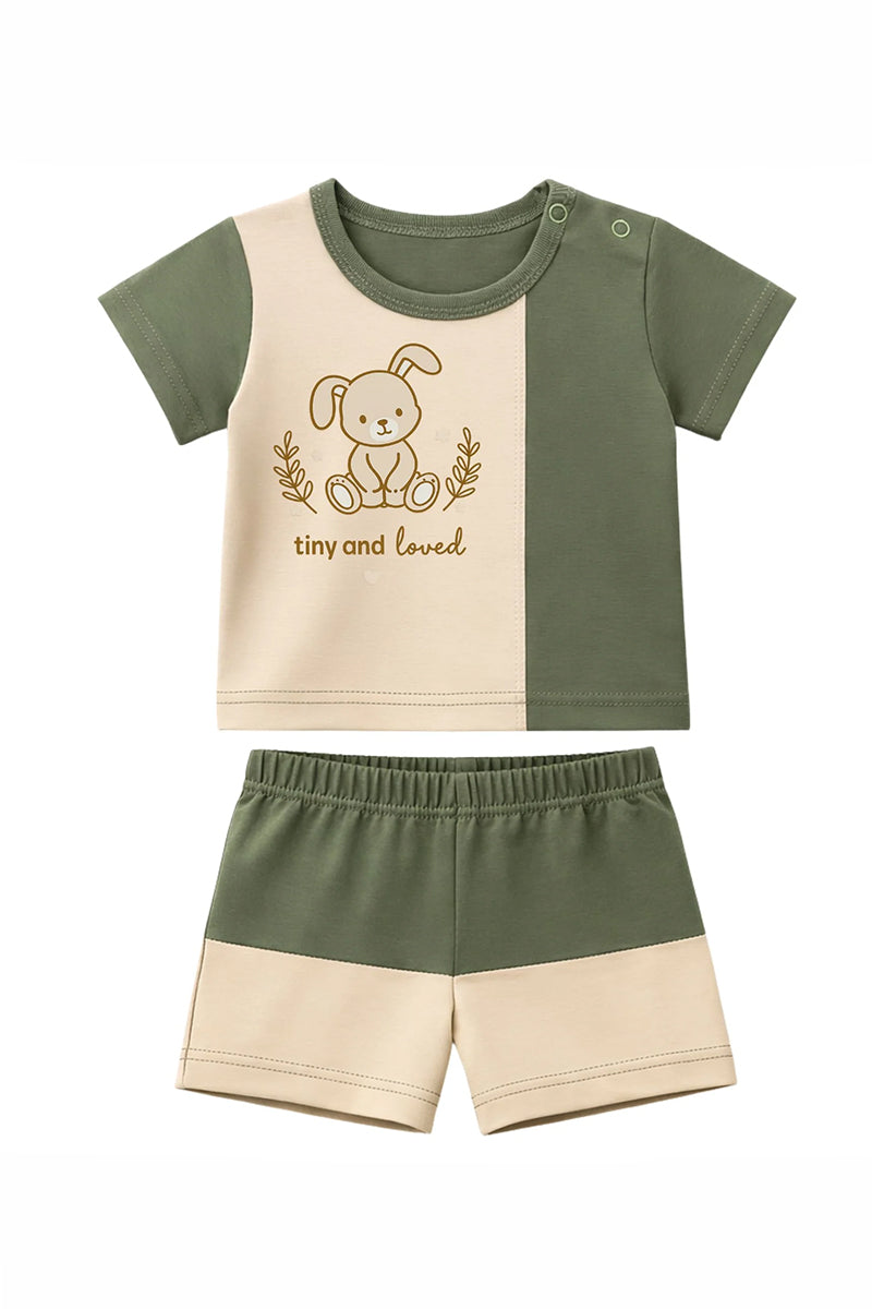 T-Shirt + Shorts Set: Premium Cotton-Blend "Tiny And Loved" Green Daily Casual Wear