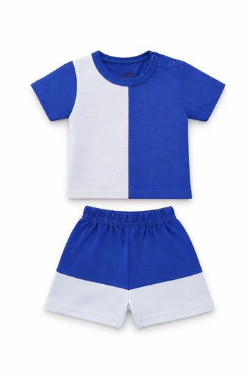 T-Shirt Shorts Set Blue White Soft Color block