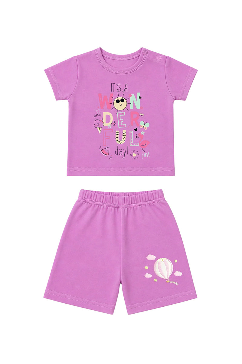T-Shirt + Shorts Set: Premium Cotton-Blend "Wonderful & Hot Balloon" Pink Daily Casual Wear
