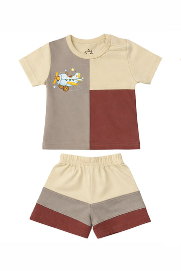 T-Shirt + Shorts Set: Premium "Wooden Plane" Multicolored Casual Essentials