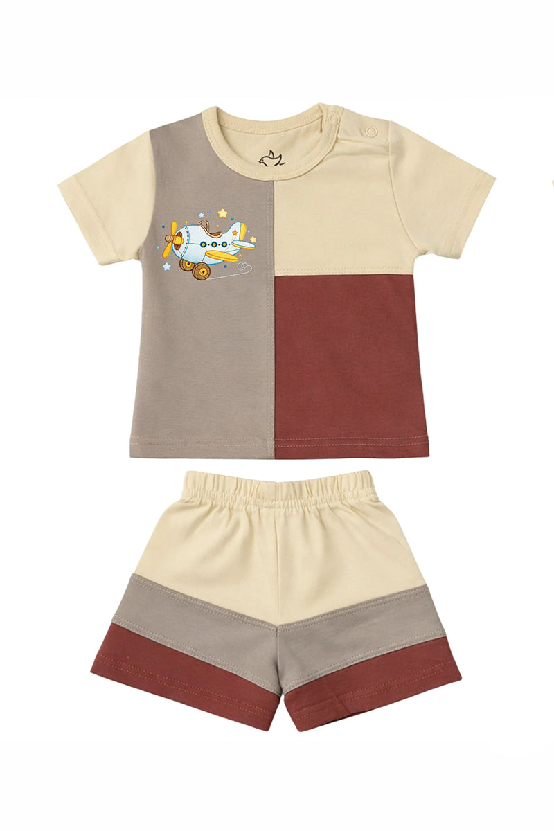T-Shirt + Shorts Set: Premium "Wooden Plane" Multicolored Casual Essentials